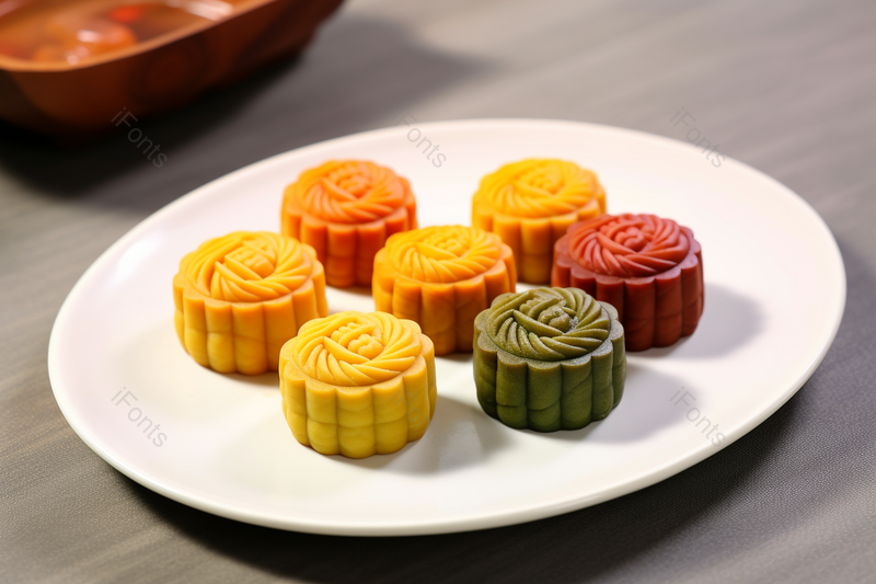 水果月饼桌子上盘子里样式精致的彩色月饼摄影真实,高清,摄影图,摄影图片,图片大全,摄影图免费下载